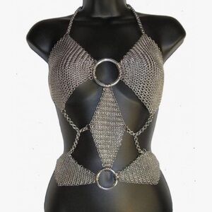 Silver metallic Top festival rave halter chain mail festival rave renaissance